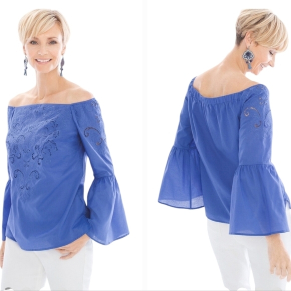 Chicos Royal Blue Off Shoulder Embroidered Bell Sleeve Eyelet Blouse Top XL‎ 3